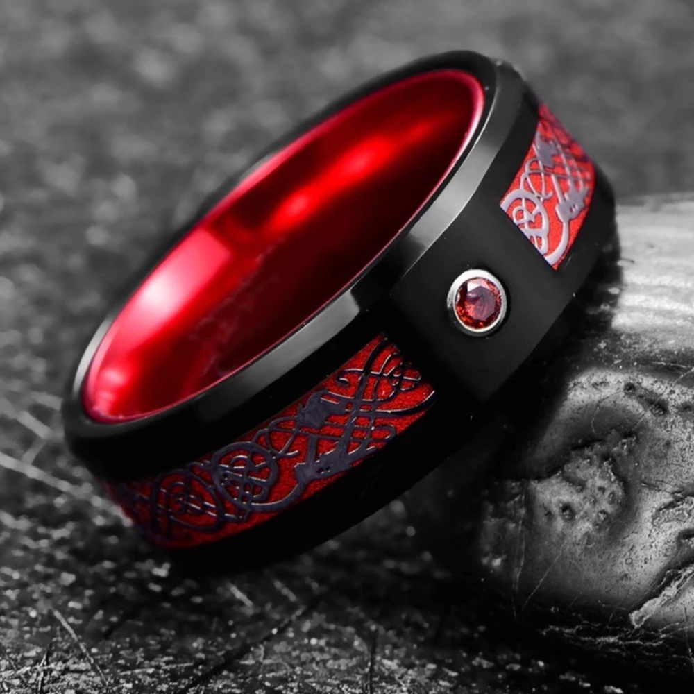 MENS TUNGSTEN CARBIDE RED CUBIC ZIRCON BLACK STAINLESS STEEL RING SIZE 10
